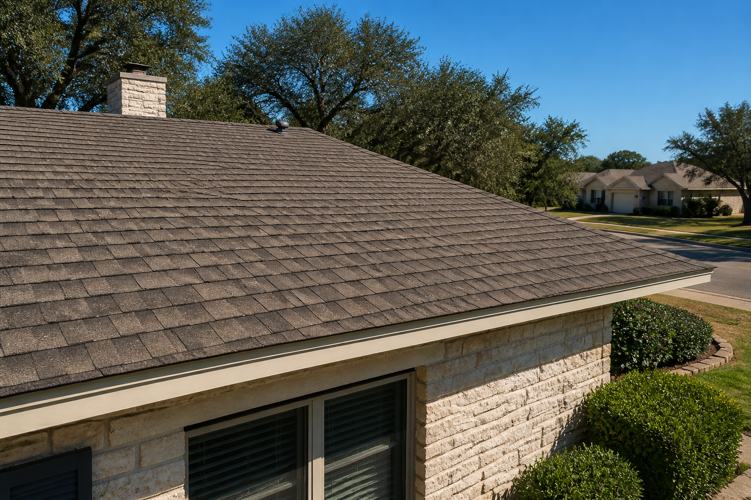A close-up of an asphalt shingle roof on a San Antonio home, a good candidate for roof rejuvenation treatment.