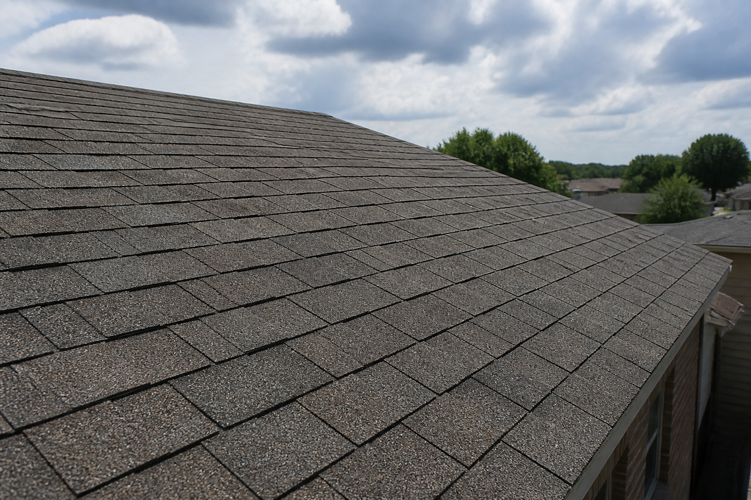 Close-up on the asphalt shingle roof of a San Antonio home, showing signs of aging before hail season.