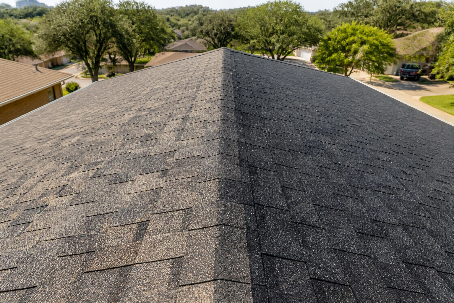 A side-by-side comparison on an asphalt shingle roof showing the before and after effect of roof rejuvenation treatment.