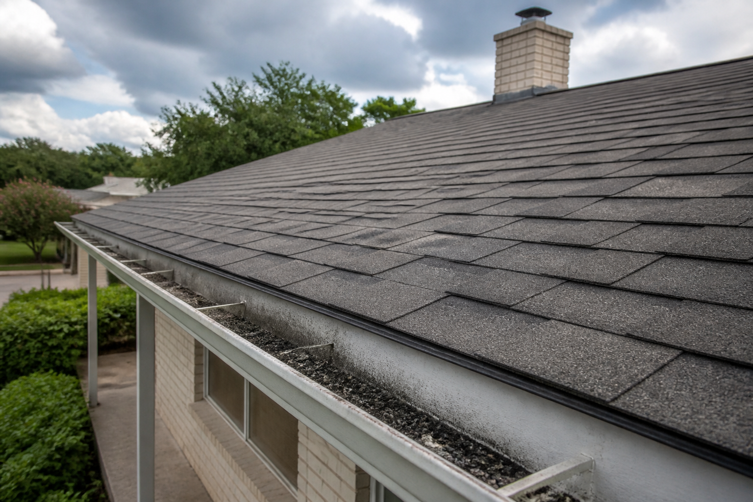 Asphalt shingle roof after a hail storm, with a close-up on the gutter showing an accumulation of granules knocked loose by hail.