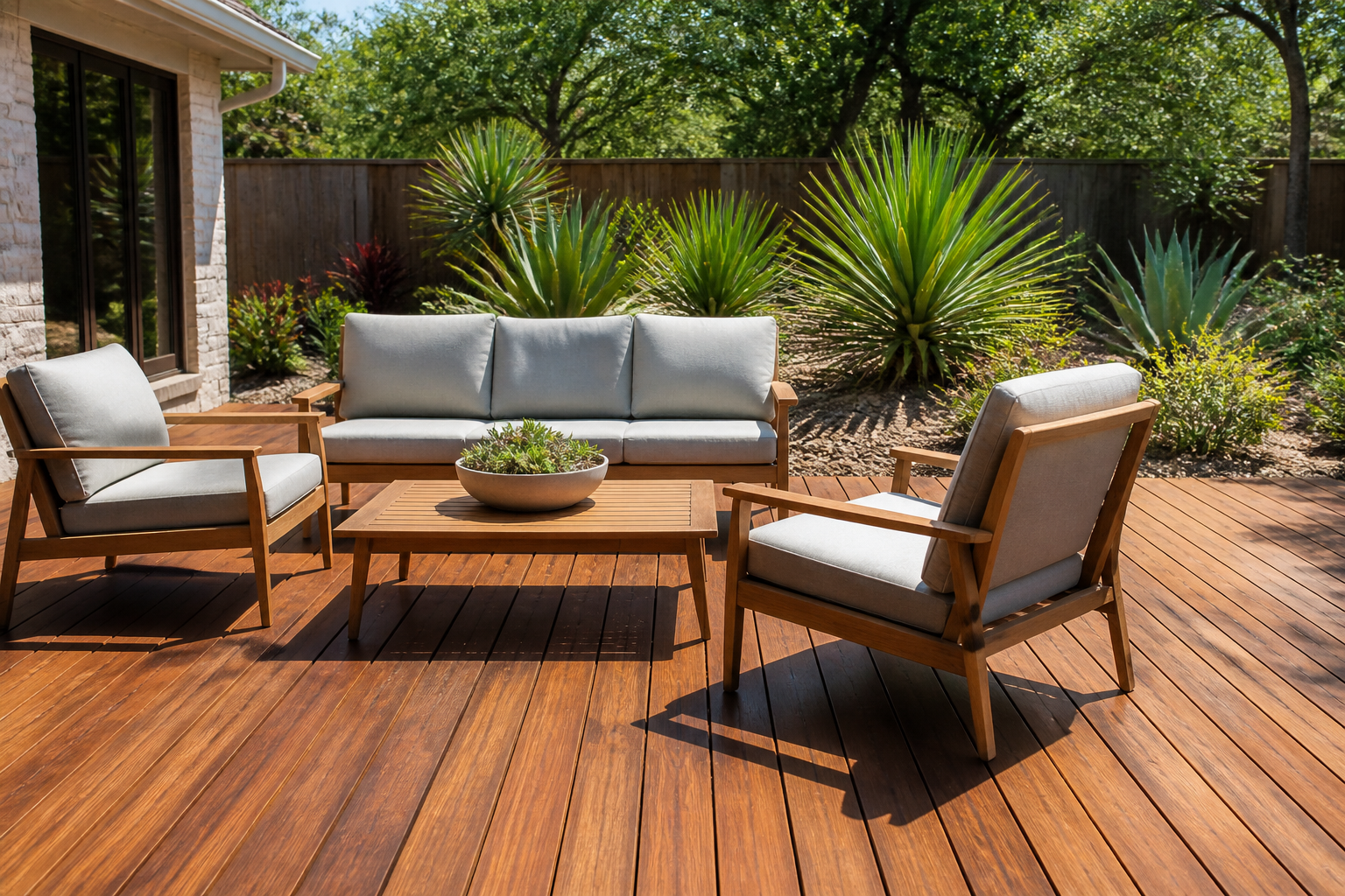 A beautifully treated wood deck in a San Antonio backyard, protected from the sun and ready for outdoor living.