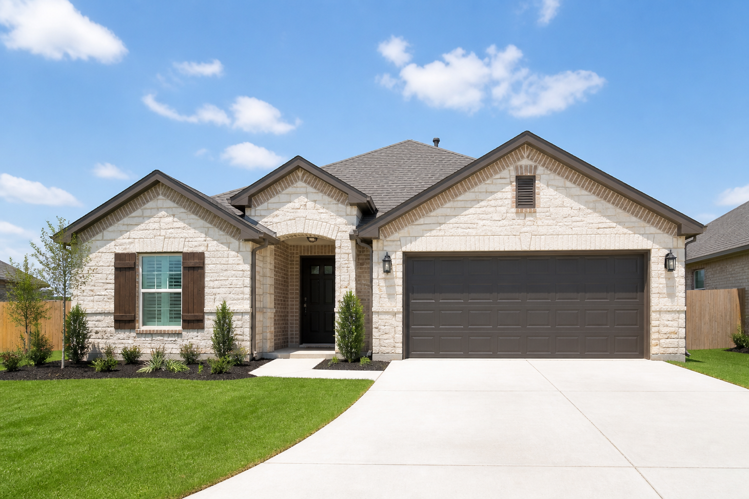 A clean San Antonio home with a pristine driveway and bright limestone siding, showcasing excellent curb appeal.